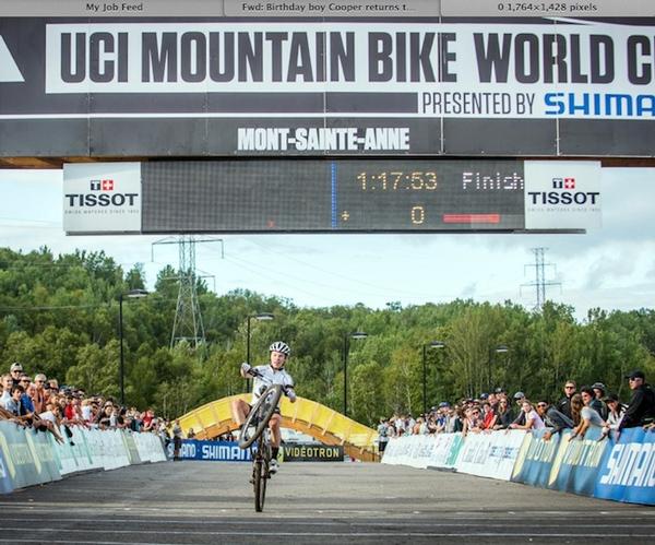 Anton Cooper celebrating the win at the UCI Under-23 Mountain Bike World Cup at Mont Sainte Anne, Canada today.